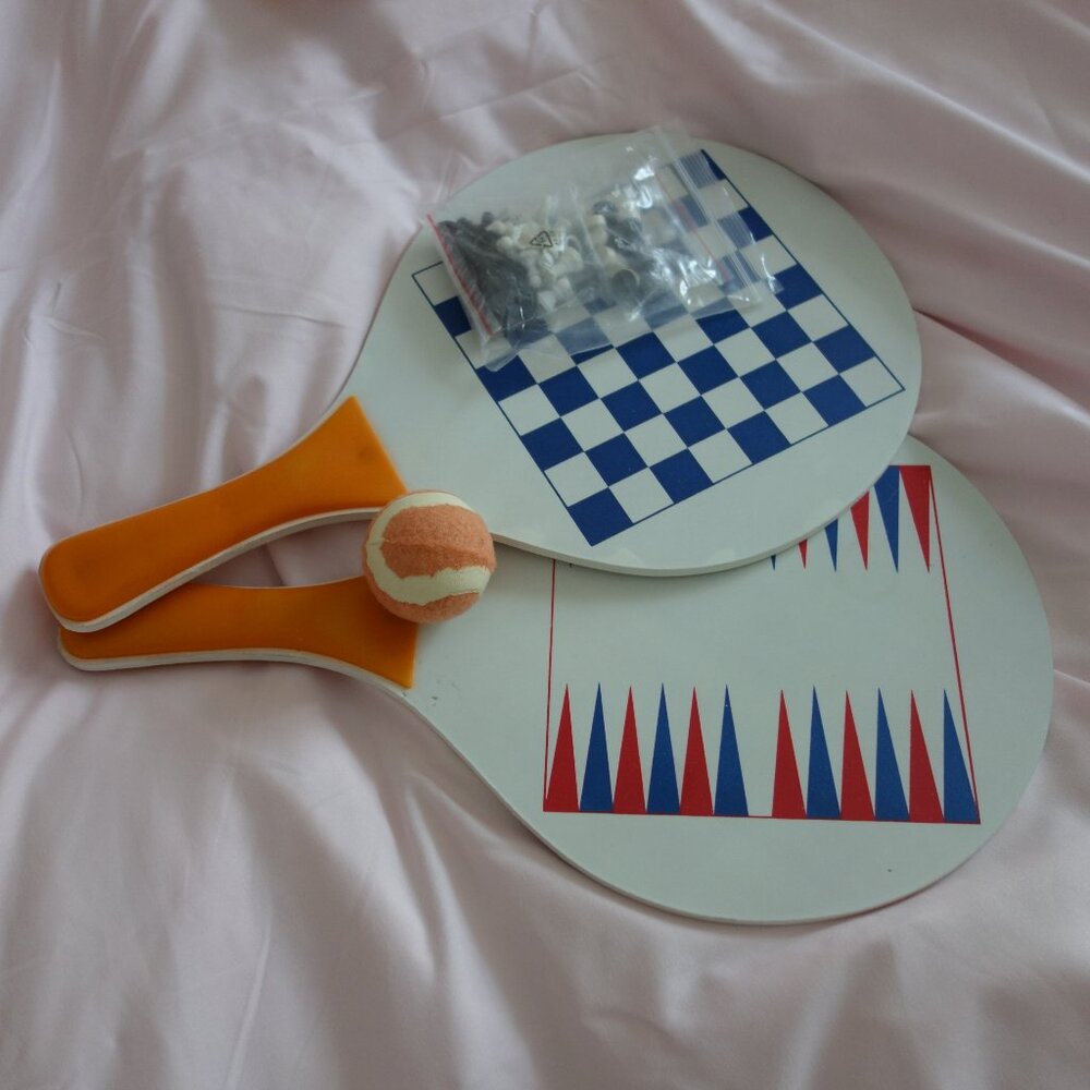 Vintage Chess Checkers Backgammon Paddle Board Game Set